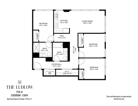 Floor plan for 3 beds, 2 baths, 1173 sqft
